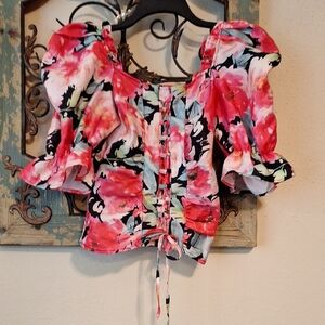 Pastels Pink Ruched Puff Sleeve Blouse. NWOT Size SMALL
